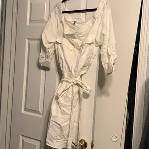 white linen off the shoulder wrap dress